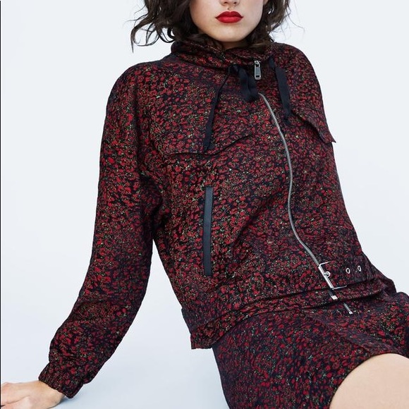 Zara Jackets & Blazers - Zara Jacquard Animal Print Moto Jacket Red Crop XS